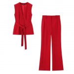 Women’s Sleeveless Belted Blazer & Wide-Leg Trouser Set – Red Power Suit
