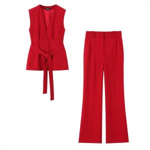 Women’s Sleeveless Belted Blazer & Wide-Leg Trouser Set – Red Power Suit