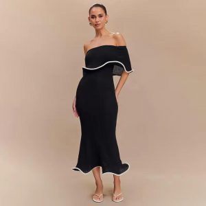 Off-Shoulder Black Midi Dress