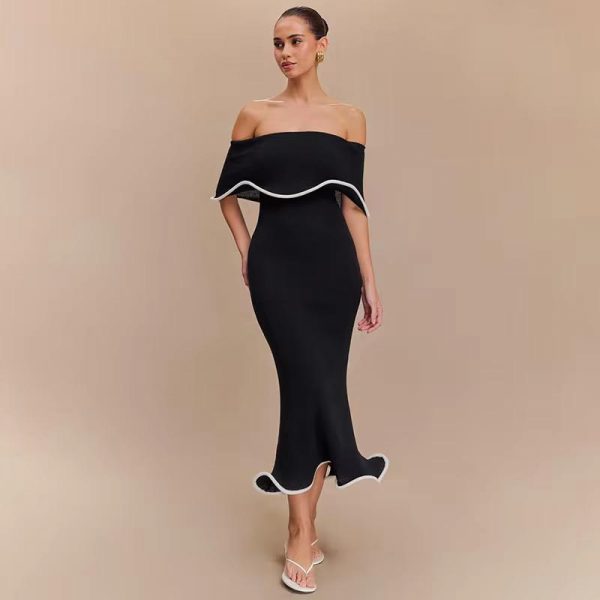 Off-Shoulder Black Midi Dress